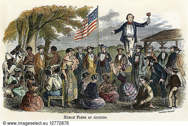 SLAVE AUCTION  c1860. 'Human Flesh at Auction': a slave auction in the American South. Engraving  c1860.