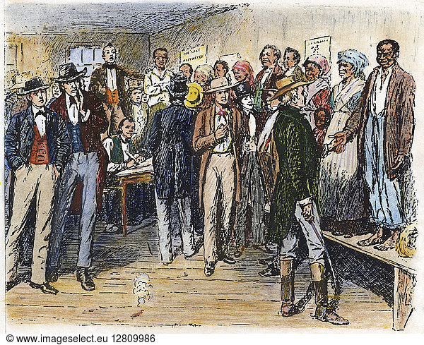 SLAVE AUCTION  1928. Nineteen-year-old Abraham Lincoln (second from left) disgustedly viewing a slave auction on his first visit to New Orleans in 1828. Colored engraving  19th century.