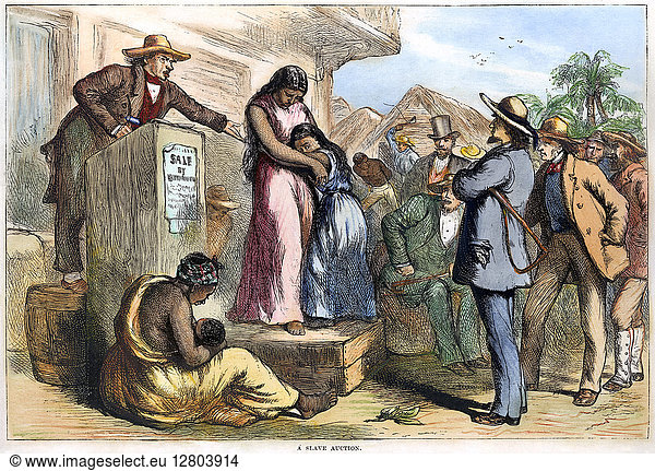SLAVE AUCTION  19th CENTURY. A slave auction in the American South before the Civil War. Engraving  19th century.