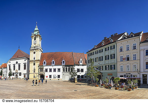 Slovakia,  Bratislava,  Main Square with old town hall and restaurants