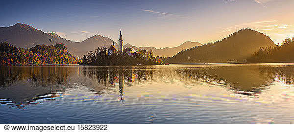 Slovenia  Bled  Panorama of Lake Bled at sunrise