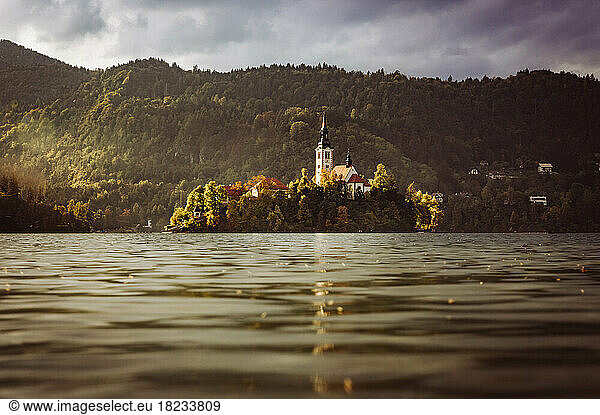 Slovenia  Bled  View of Bled Island at autumn dusk