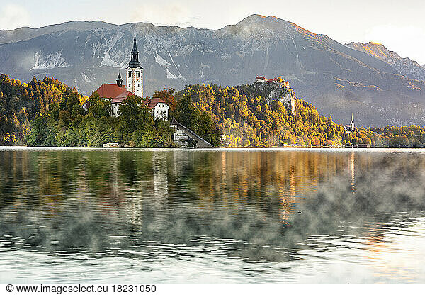 Slovenia  Bled  View of Bled Island with mountains in background