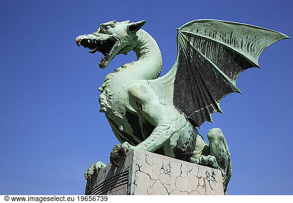 Slovenia. Ljubljana. A Bronze Dragon on The Dragon Bridge.