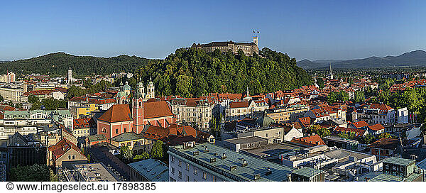 Slovenia  Ljubljana  Panoramic view of Ljubljana Castle overlooking old town below