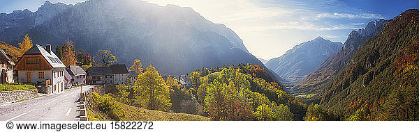 Slovenia  Panorama of village in Triglav National Park with forested valley in background