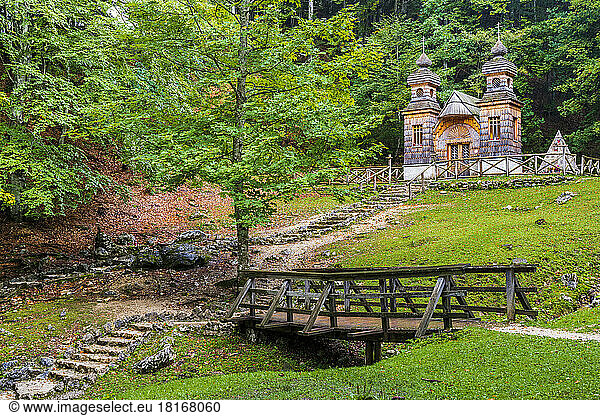 Slovenia  Small footbridge and steps in front of Russian Chapel on Vrsic Pass