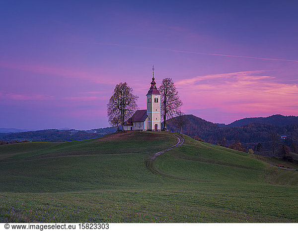 Slovenia  Sveti Tomaz  Saint Thomas Church at purple dusk