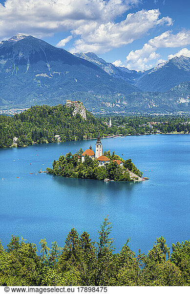 Slovenia  Upper Carniola  Church  Scenic view of Bled Island and surrounding landscape in summer