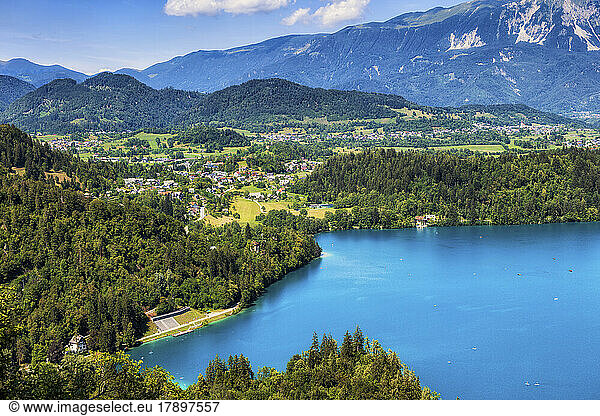 Slovenia  Upper Carniola  View of Lake Bled and nearby town in summer