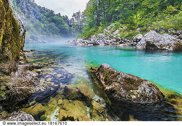 Slovenia  View of turquoise colored Soca river
