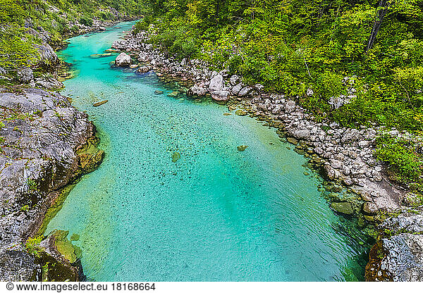 Slovenia  View of turquoise colored Soca river