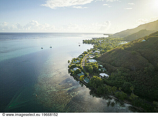 Small village on the coast of Moorea in the morning