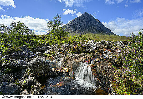 Small waterfalls in Glen Etive with Stob Dearg peak in background