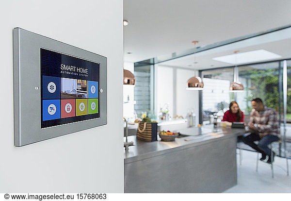 Smart home navigation system touch screen on kitchen wall