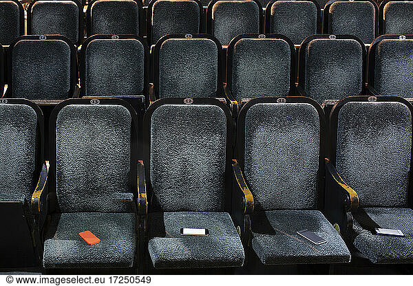 Smart phones lying on seats in empty theater