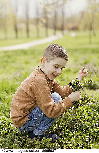 Smiling boy holding flowers crouching in park