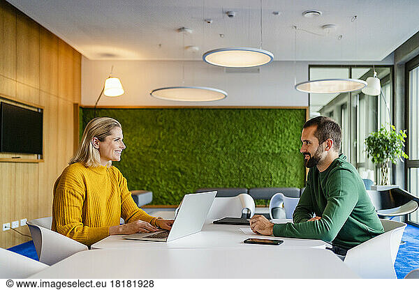 Smiling business colleagues looking at each other sitting in office