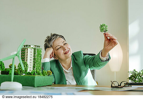 Smiling businesswoman looking at tree model at office