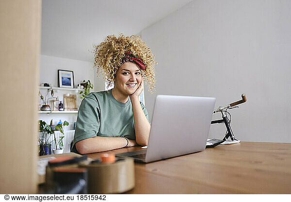 Smiling businesswoman sitting at desk with laptop