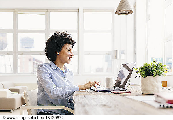 Smiling businesswoman using laptop computer at desk in office