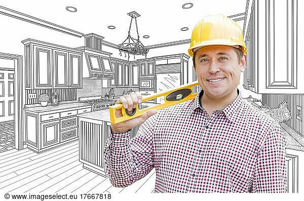 Smiling contractor in hard hat with level over custom kitchen drawing