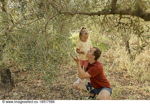 Smiling father showing olives to daughter in garden