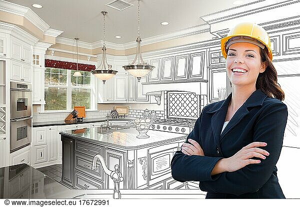 Smiling female contractor over kitchen drawing gradating to photo