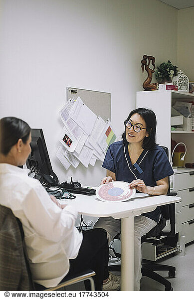 Smiling female doctor showing in vitro fertilization chart while discussing with patient in office at hospital