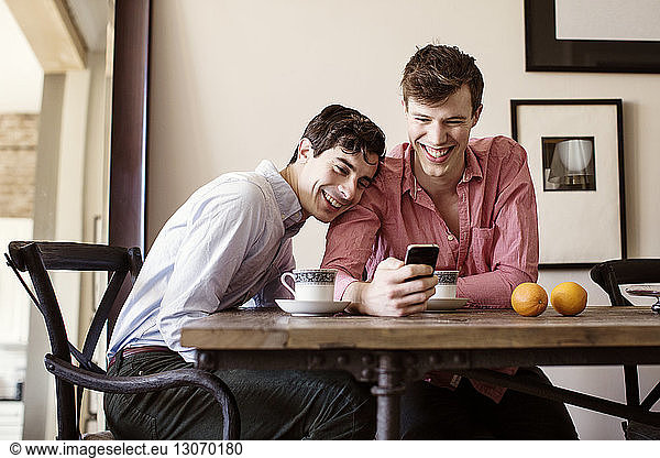 Smiling gay men looking at smart phone while sitting by table