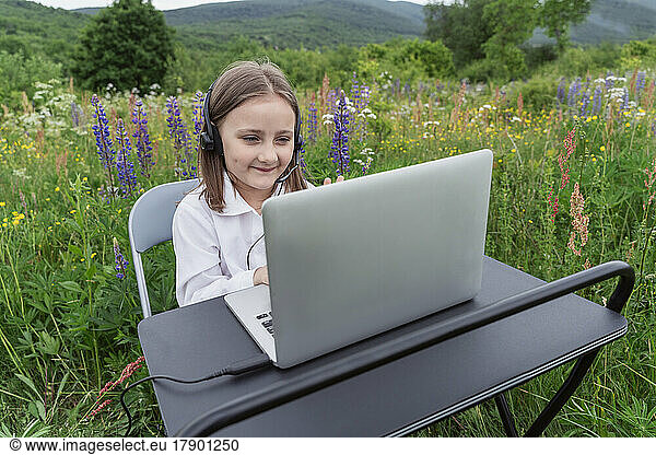 Smiling girl on studying through video call on laptop in meadow