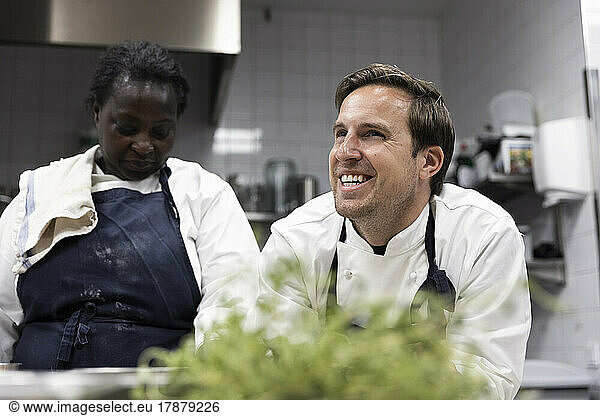 Smiling male and female colleagues in kitchen of restaurant