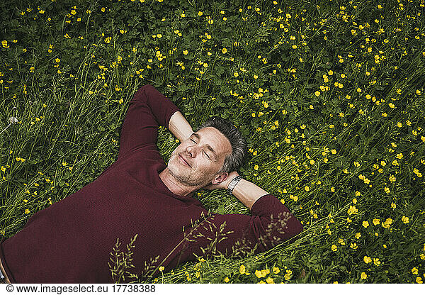 Smiling mature man lying on grass at park