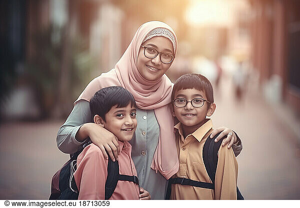 Smiling muslim mother taking her children to school. Generative AI.