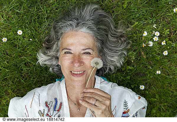 Smiling woman holding dandelion blowball lying on green grass