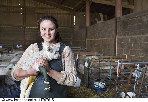 Smiling woman standing in a stable  holding a newborn lamb with bandaged front legs.