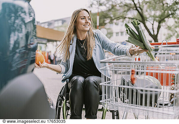 Smiling woman with groceries sitting in wheelchair by shopping cart