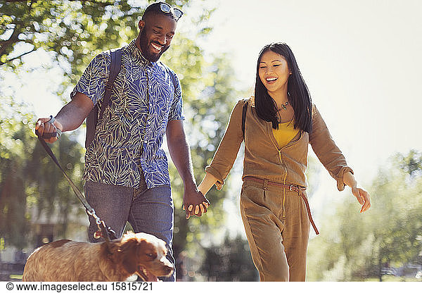 Smiling young couple walking dog in sunny park