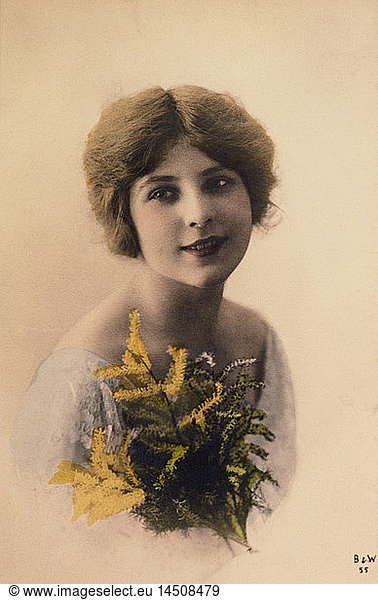 Smiling Young Woman Holding Bouquet of Flowers  Portrait  Hand-Colored Card