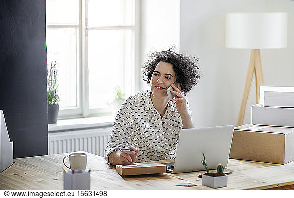 Smiling young woman on the phone in home office