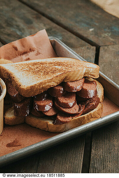 Smoked Sausage Sandwich at a Barbecue Restaurant