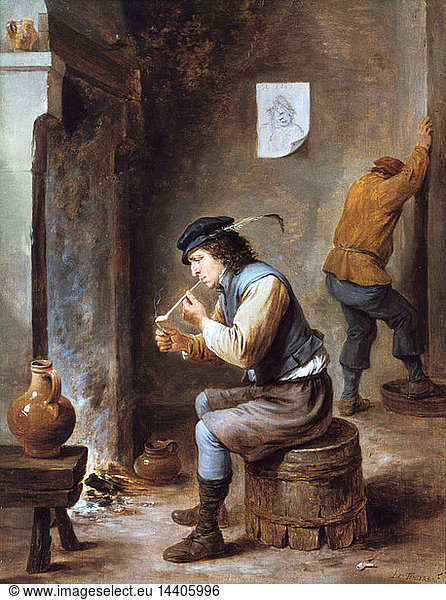 Smoker in front of a fireplace. Painting by David Teniers the Younger (1610-1690) Flemish artist. Man seated on upturned barrel in front of a fire is lighting a clay pipe. Peasant Domestic Interior Jug Ceramic Tobacco