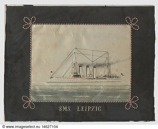 SMS Leipzig - three silk embroidered pictures  in commemoration of the time of service in East Asia 1902 - 1910 Elaborately embroidered crowned eagle with the Imperial war flag in its talons above a picture of the light cruiser Leipzig in an oval  surrounded by the inscription (tr.) 'We Germans fear God  but otherwise nothing else on earth' flanked by the imperial standard and rear admiralïs pennant   above the monogram 'RG' (Richard Grimmel)  and inscribed 'In memory of my time of service 1910 1912' In a contemporary  richly decorated  gilt plaster frame (damaged). Framed dimensions 97 x 73 cm. An embroidered crowned eagle doing battle with two Chinese dragons in front of the imperial war flags historic  historical  1900s  1910s  20th century  navy  naval forces  military  militaria  branch of service  branches of service  armed forces  armed service  object  objects  stills  clipping  clippings  cut out  cut-out  cut-outs  painting  paintings  fine arts  art  illustration