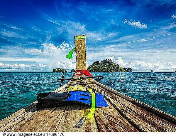 Snorkeling set on boat heading to tropical island in Thailand