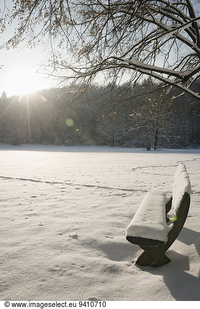 Snow-covered bench in winter landscape