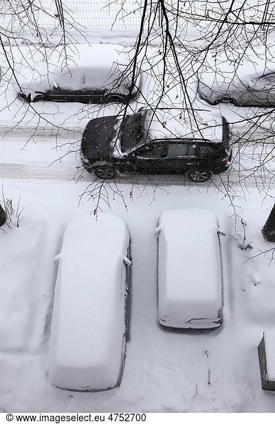 Snow-covered cars in a residential street  Essen  North Rhine-Westphalia  Germany  Europe