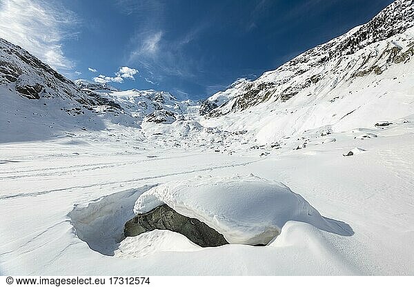 Snow-covered glacier  Morteratsch glacier  Bernina Group  Engadine  Grisons  Switzerland  Europe