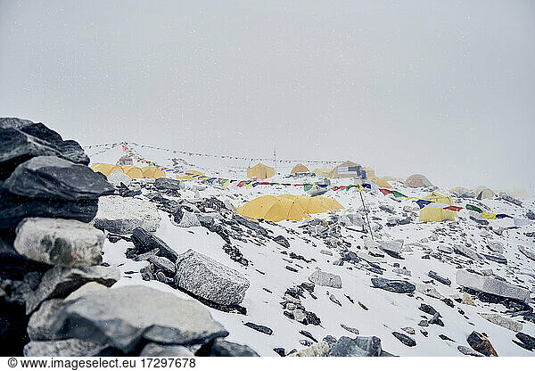 Snow covered Mount Everest Basecamp in Nepal