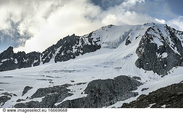 Snow-covered mountain peak  Waxeggkees glacier  high alpine landscape  Zillertal Alps  Zillertal  Tyrol  Austria  Europe