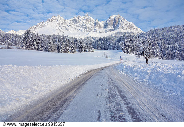 Snow covered road  Wilder Kaiser  Tyrol  Austria